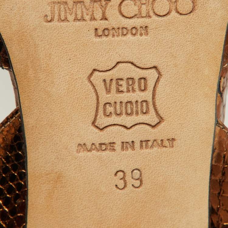 Pre Owned Jimmy Choo Metallic Bronze Python Embossed Leather Hepsie Slingback Sandals Size 39