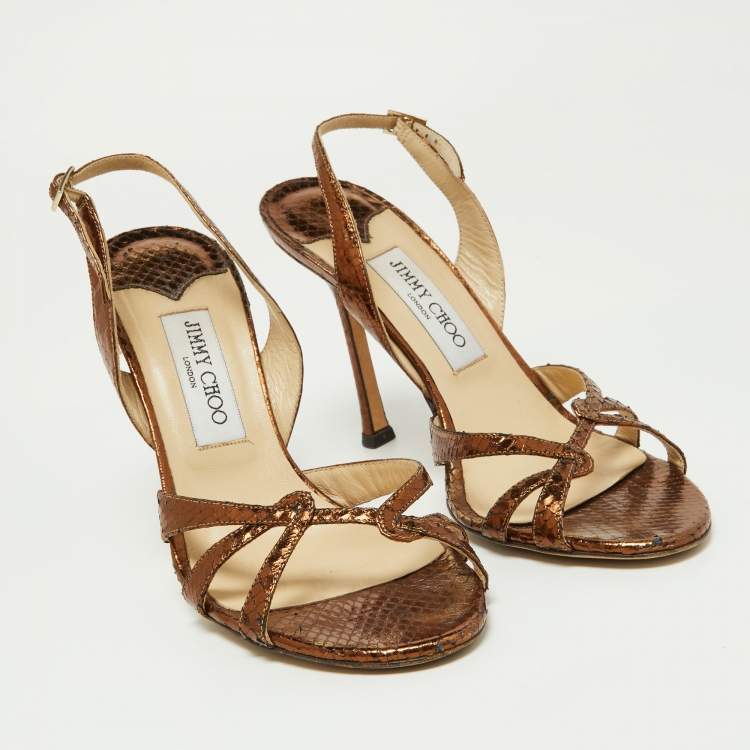 Pre Owned Jimmy Choo Metallic Bronze Python Embossed Leather Hepsie Slingback Sandals Size 39