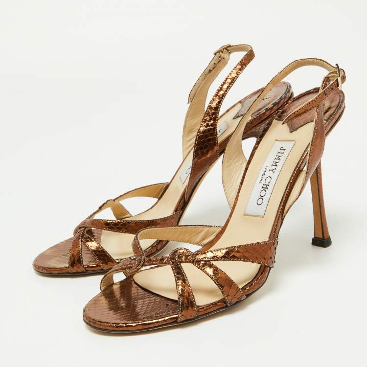 Pre Owned Jimmy Choo Metallic Bronze Python Embossed Leather Hepsie Slingback Sandals Size 39