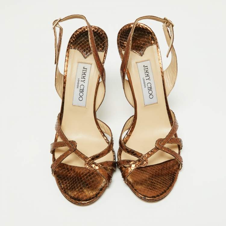 Pre Owned Jimmy Choo Metallic Bronze Python Embossed Leather Hepsie Slingback Sandals Size 39