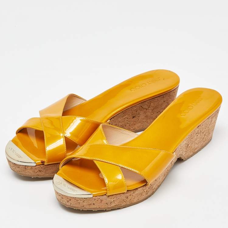 Pre Owned Jimmy Choo Mustard Yellow Patent Leather Pandora Cork Wedges Size 39.5