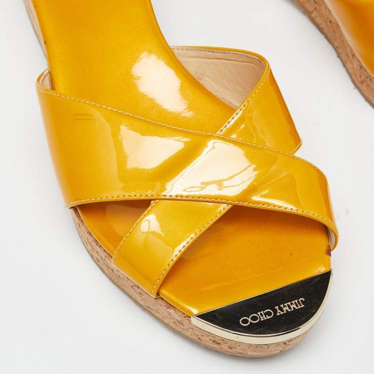 Pre Owned Jimmy Choo Mustard Yellow Patent Leather Pandora Cork Wedges Size 39.5