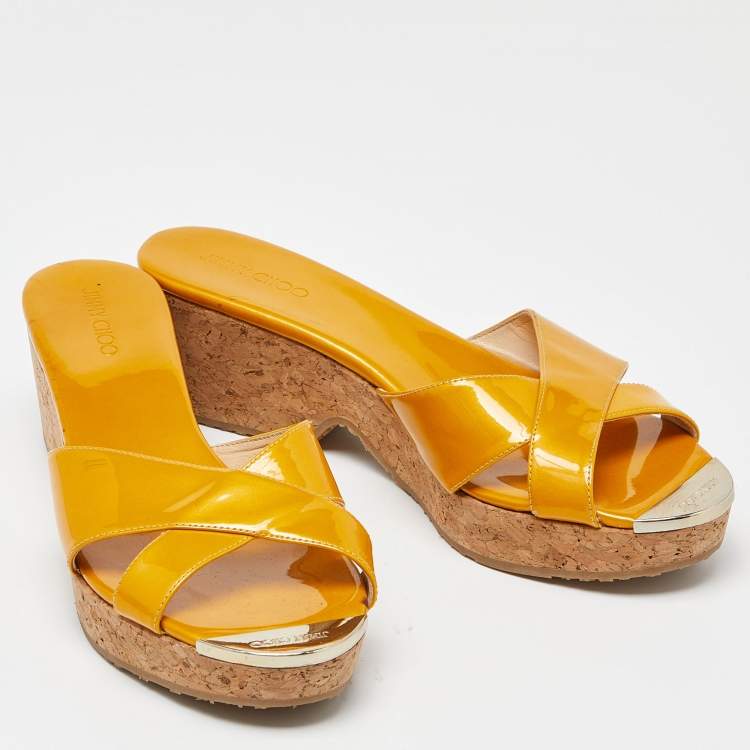 Pre Owned Jimmy Choo Mustard Yellow Patent Leather Pandora Cork Wedges Size 39.5