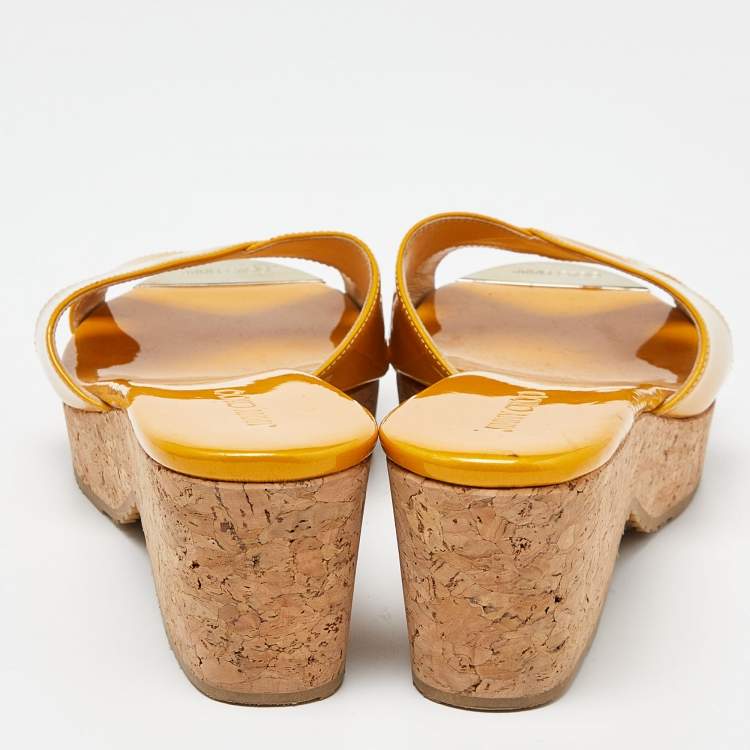 Pre Owned Jimmy Choo Mustard Yellow Patent Leather Pandora Cork Wedges Size 39.5