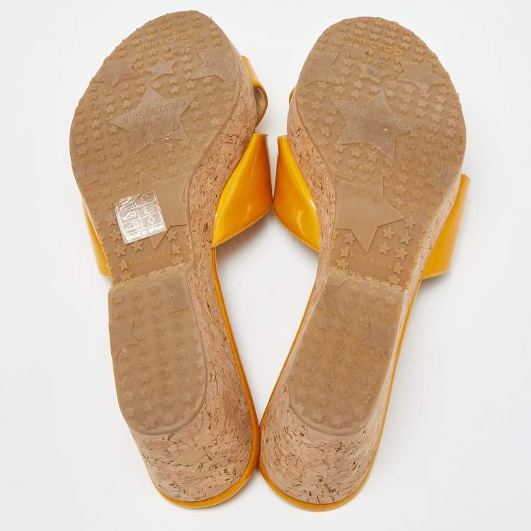 Pre Owned Jimmy Choo Mustard Yellow Patent Leather Pandora Cork Wedges Size 39.5