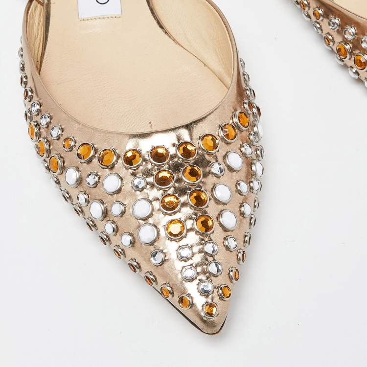 Pre Owned Jimmy Choo Gold Patent Leather Embellished Ankle Strap Pointed Toe Flats Size 37.5