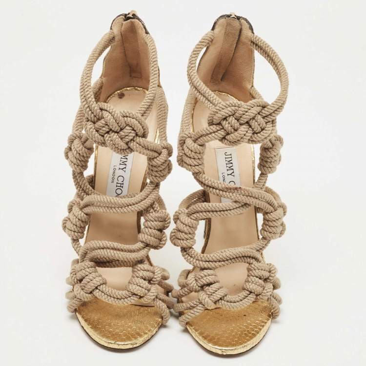 Pre Owned Jimmy Choo Beige/Gold Knotted Rope and Embossed Snakeskin Sandals Size 39