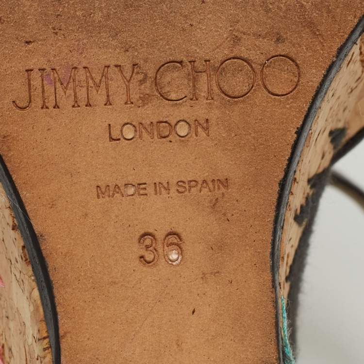 Pre Owned Jimmy Choo Brown Embroidered Cork and Leather T-Strap Platform Wedge Sandals Size 36