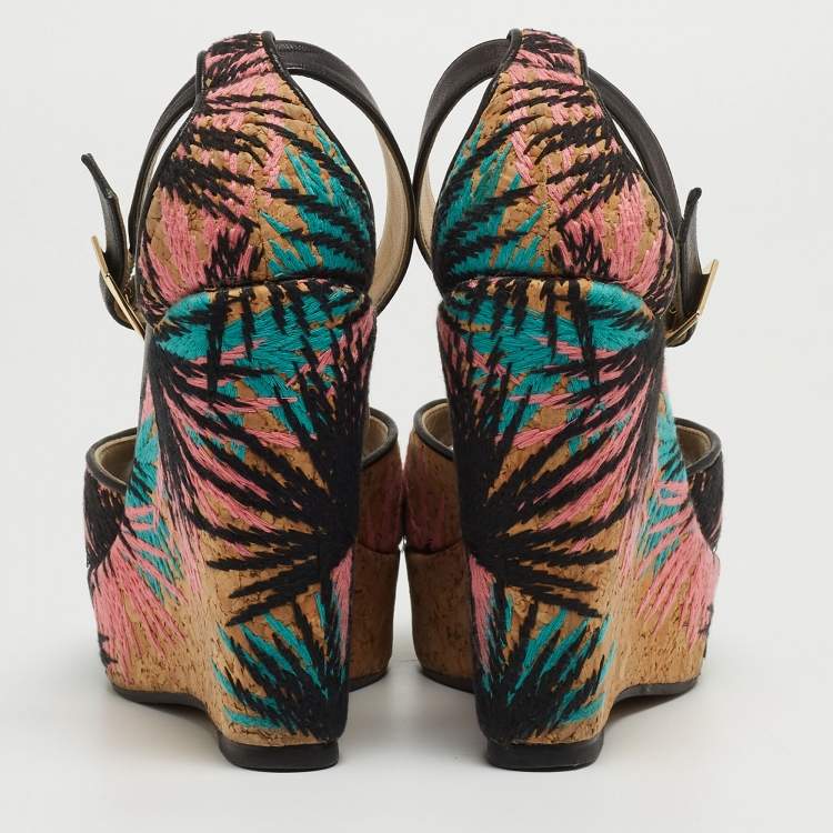 Pre Owned Jimmy Choo Brown Embroidered Cork and Leather T-Strap Platform Wedge Sandals Size 36