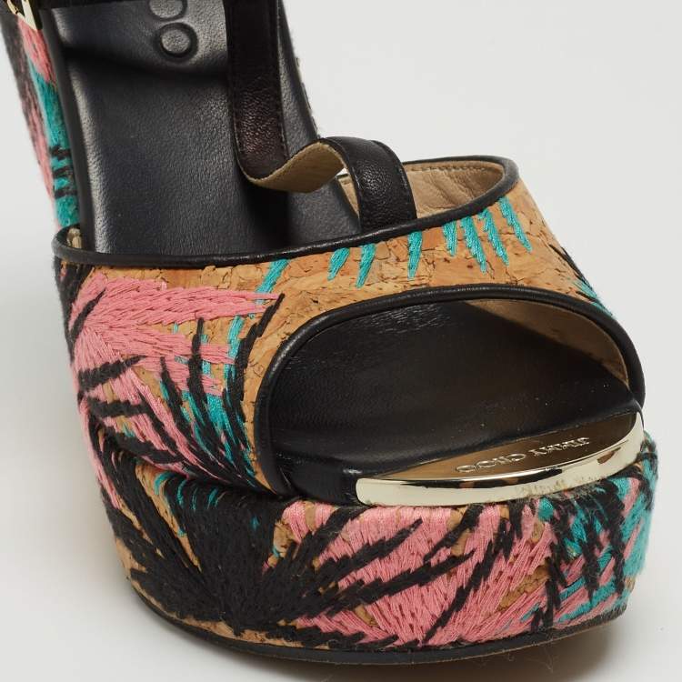 Pre Owned Jimmy Choo Brown Embroidered Cork and Leather T-Strap Platform Wedge Sandals Size 36