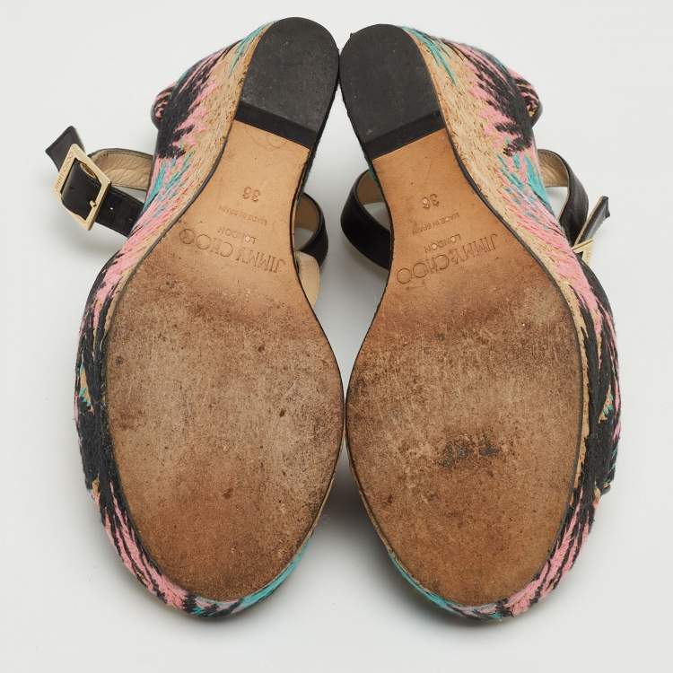 Pre Owned Jimmy Choo Brown Embroidered Cork and Leather T-Strap Platform Wedge Sandals Size 36