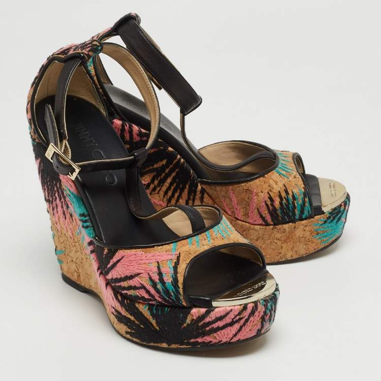 Pre Owned Jimmy Choo Brown Embroidered Cork and Leather T-Strap Platform Wedge Sandals Size 36