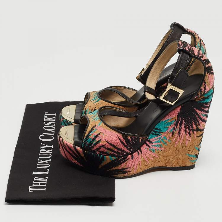 Pre Owned Jimmy Choo Brown Embroidered Cork and Leather T-Strap Platform Wedge Sandals Size 36