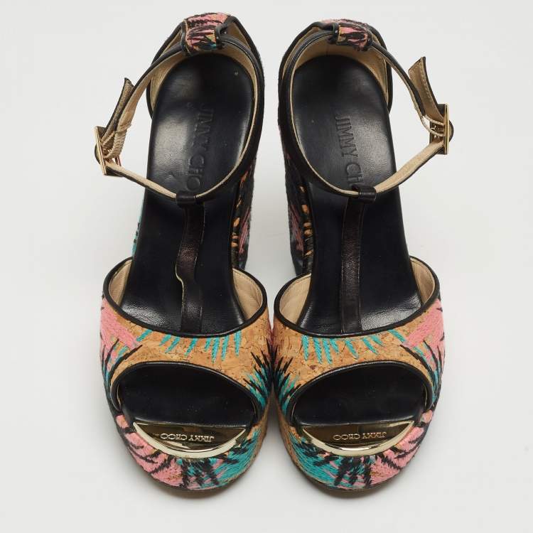 Pre Owned Jimmy Choo Brown Embroidered Cork and Leather T-Strap Platform Wedge Sandals Size 36