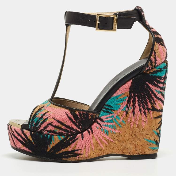 Pre Owned Jimmy Choo Brown Embroidered Cork and Leather T-Strap Platform Wedge Sandals Size 36