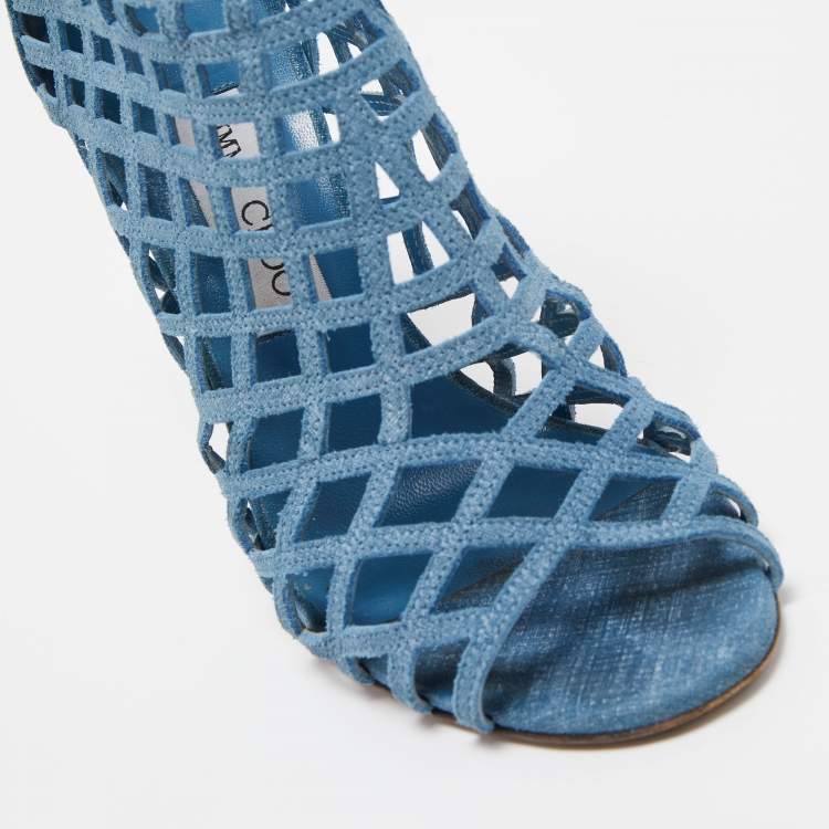 Pre Owned Jimmy Choo Blue Textured Suede Dassa Caged Booties Size 37