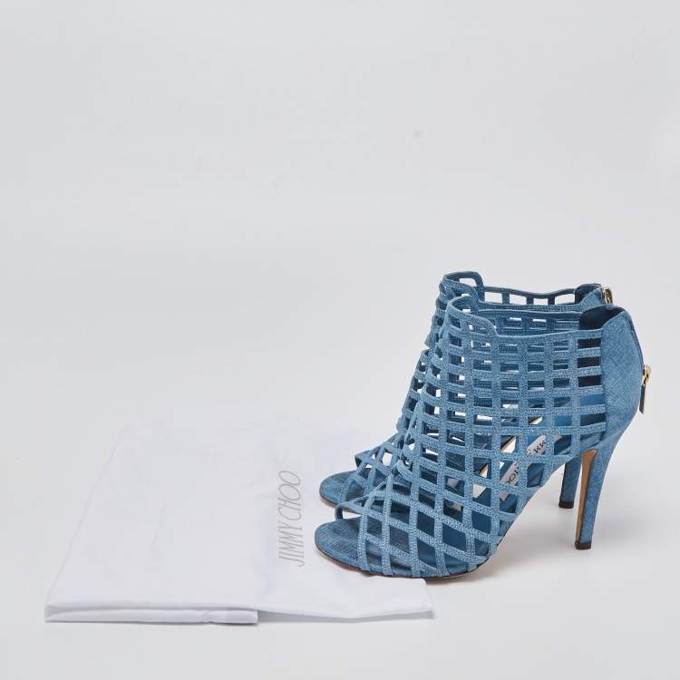 Pre Owned Jimmy Choo Blue Textured Suede Dassa Caged Booties Size 37