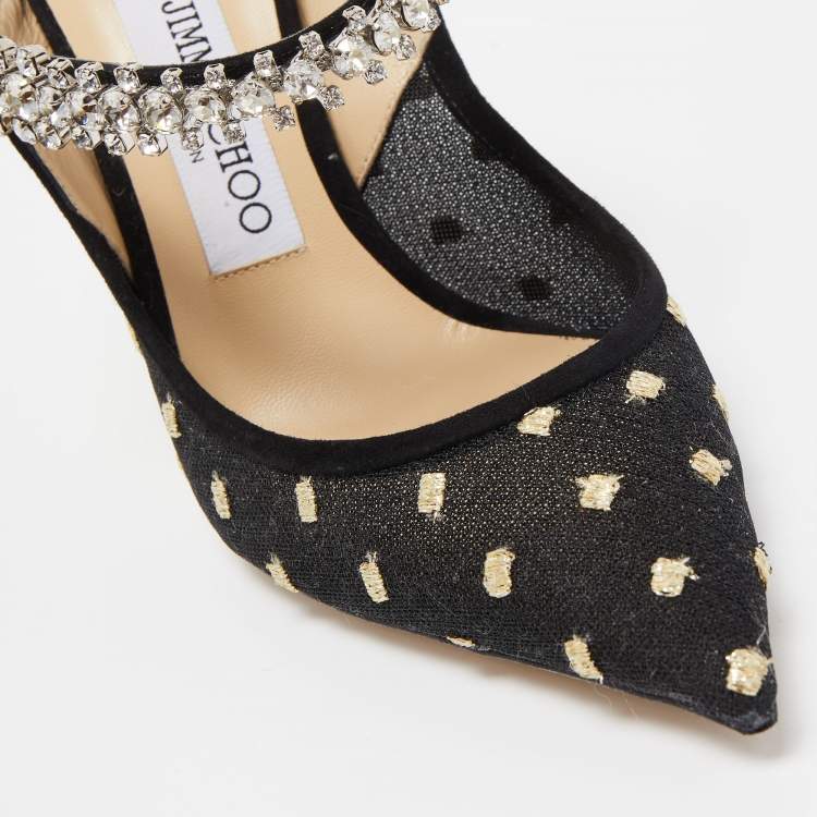 Pre Owned Jimmy Choo Black Mesh and Suede Bing Crystal Embellished Pointed Toe Mules Size 37.5