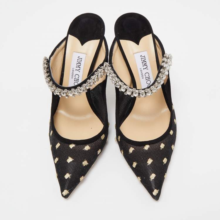 Pre Owned Jimmy Choo Black Mesh and Suede Bing Crystal Embellished Pointed Toe Mules Size 37.5