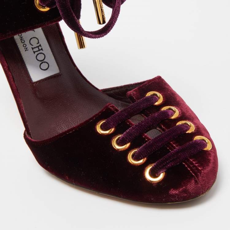 Pre Owned Jimmy Choo Burgundy Velvet Mari Lace Up Pumps Size 36