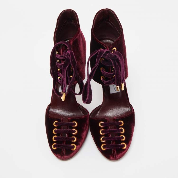 Pre Owned Jimmy Choo Burgundy Velvet Mari Lace Up Pumps Size 36