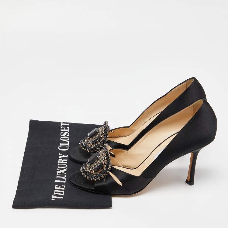 Pre Owned Jimmy Choo Black Satin Crystal Embellished Peep Toe Pumps 40.5
