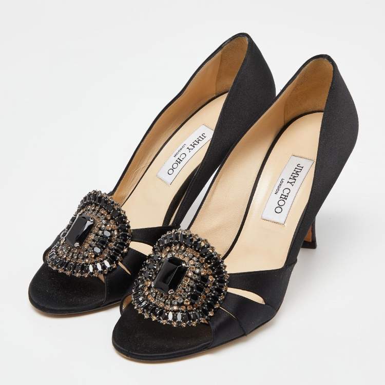 Pre Owned Jimmy Choo Black Satin Crystal Embellished Peep Toe Pumps 40.5