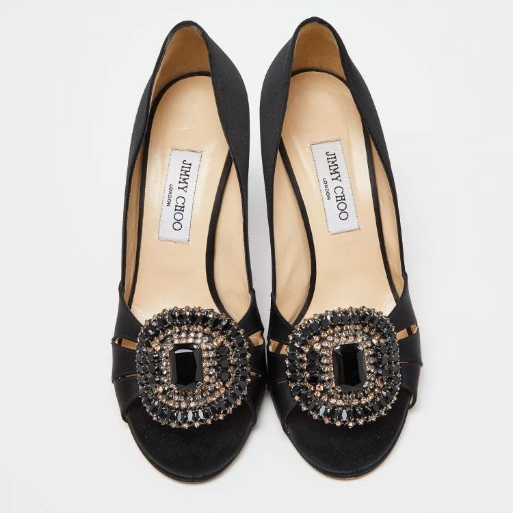 Pre Owned Jimmy Choo Black Satin Crystal Embellished Peep Toe Pumps 40.5