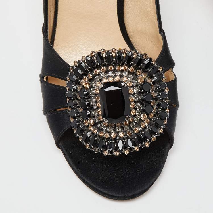 Pre Owned Jimmy Choo Black Satin Crystal Embellished Peep Toe Pumps 40.5