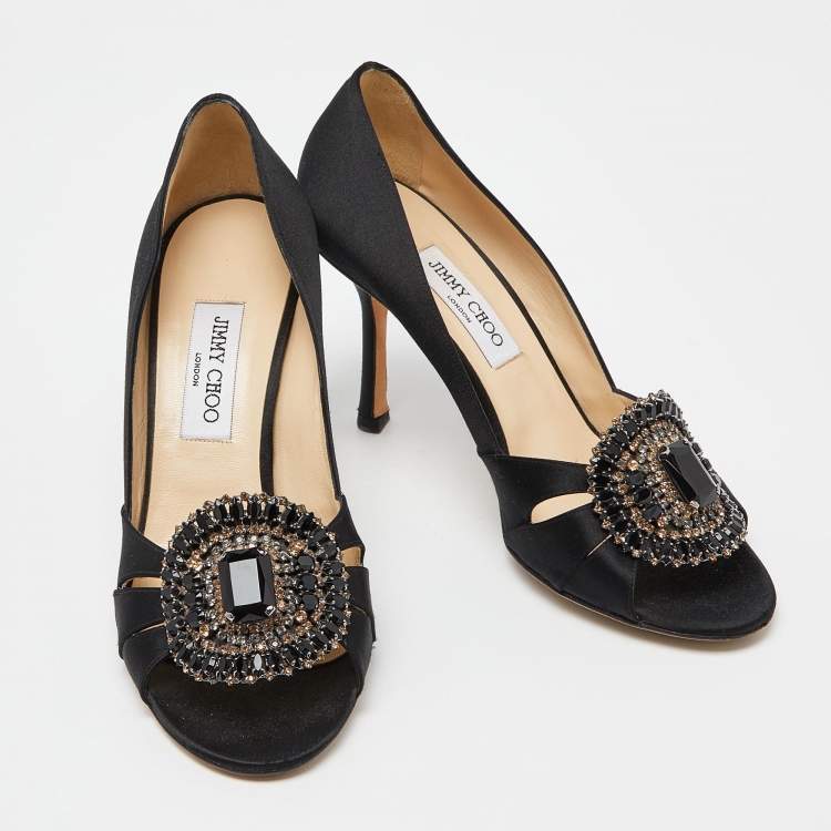 Pre Owned Jimmy Choo Black Satin Crystal Embellished Peep Toe Pumps 40.5