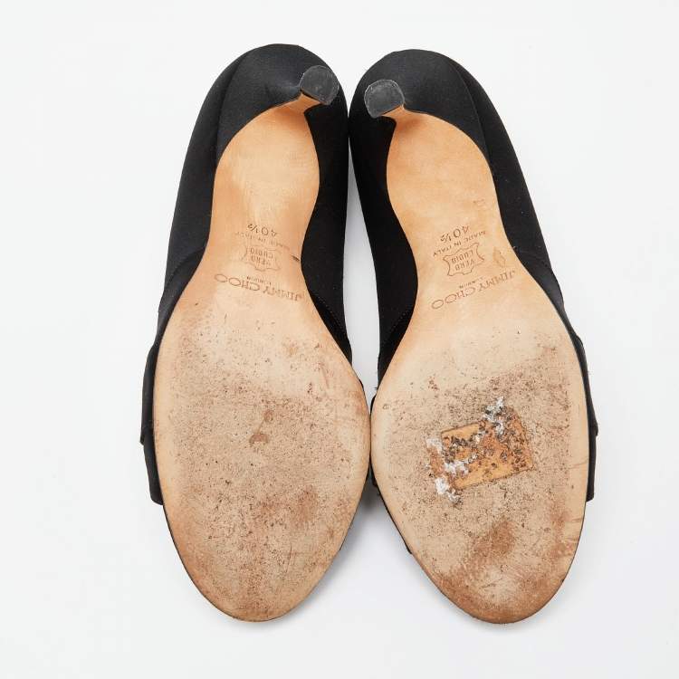Pre Owned Jimmy Choo Black Satin Crystal Embellished Peep Toe Pumps 40.5