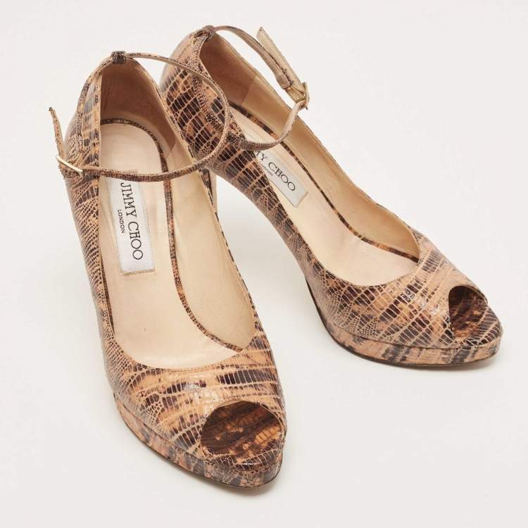 Pre Owned Jimmy Choo Two Tone Lizard Embossed Suede Peep Toe Ankle Strap Pumps Size 36.5