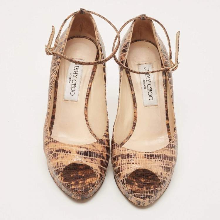 Pre Owned Jimmy Choo Two Tone Lizard Embossed Suede Peep Toe Ankle Strap Pumps Size 36.5