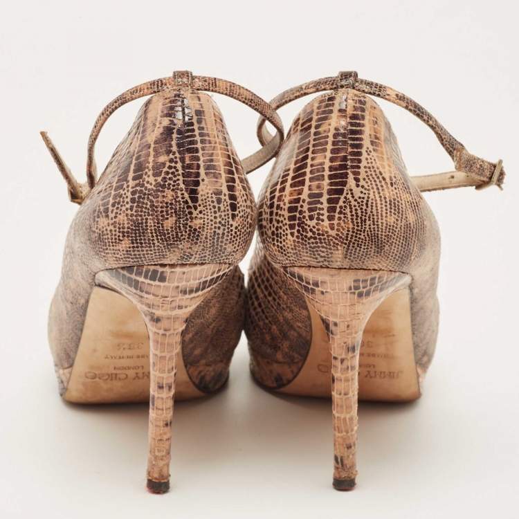 Pre Owned Jimmy Choo Two Tone Lizard Embossed Suede Peep Toe Ankle Strap Pumps Size 36.5