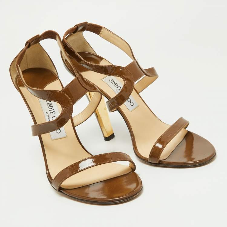 Pre Owned Jimmy Choo Brown Patent Leather Ankle Strap Sandals Size 38.5