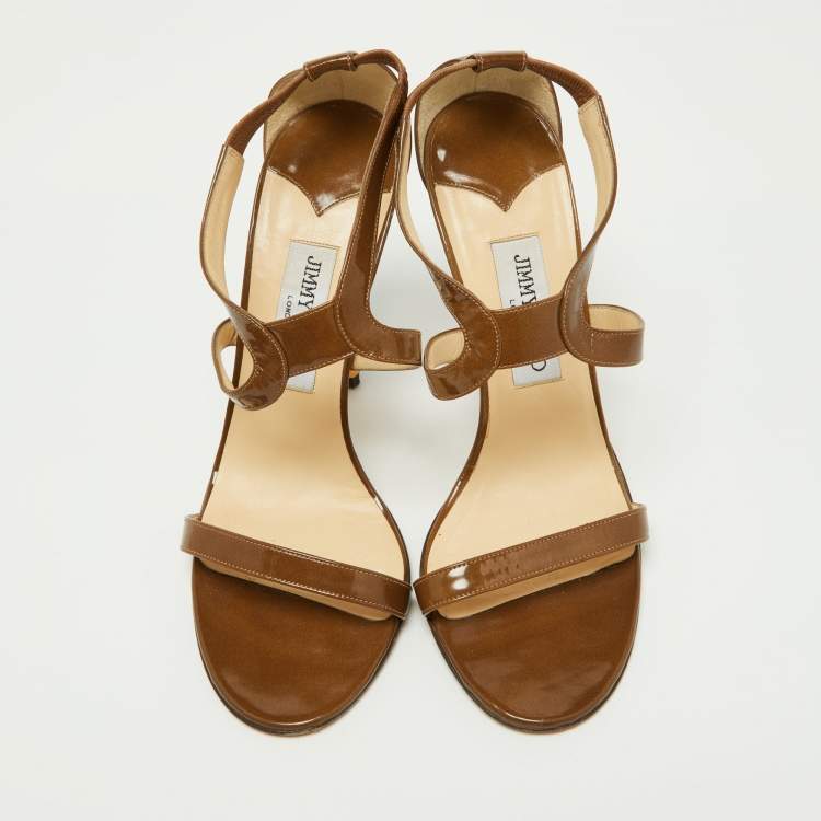 Pre Owned Jimmy Choo Brown Patent Leather Ankle Strap Sandals Size 38.5