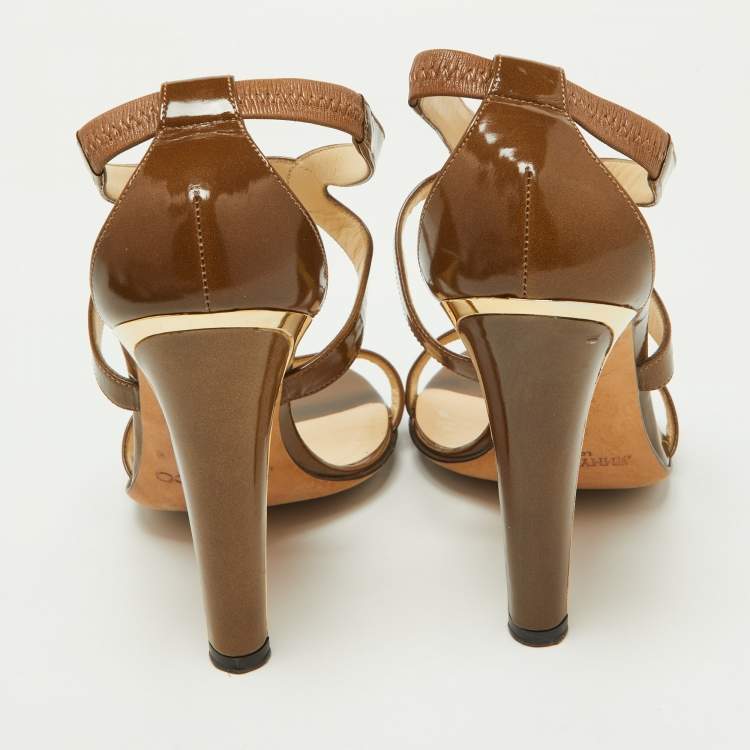 Pre Owned Jimmy Choo Brown Patent Leather Ankle Strap Sandals Size 38.5