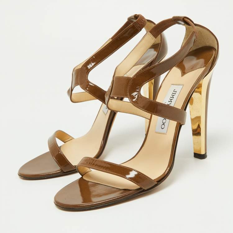 Pre Owned Jimmy Choo Brown Patent Leather Ankle Strap Sandals Size 38.5