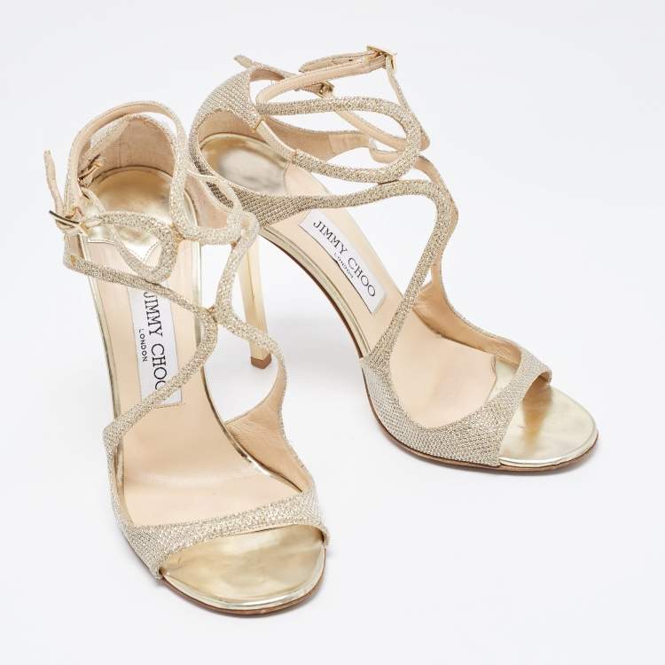 Pre Owned Jimmy Choo Gold Glitter Ivette Ankle Strap Sandals Size 38