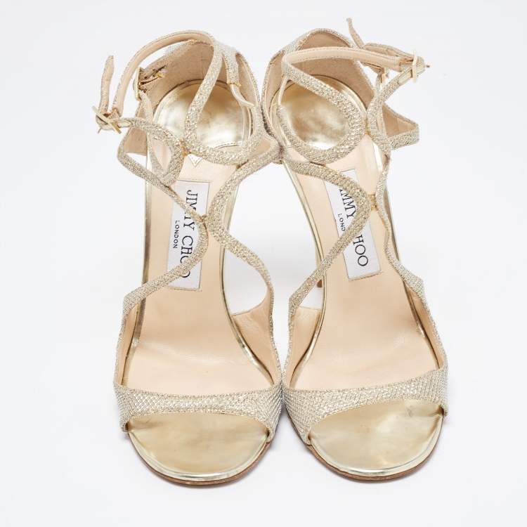 Pre Owned Jimmy Choo Gold Glitter Ivette Ankle Strap Sandals Size 38