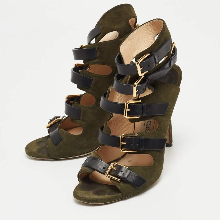 Pre Owned Jimmy Choo Green/Black Suede and Leather Buckle Strappy  Sandals Size 38 