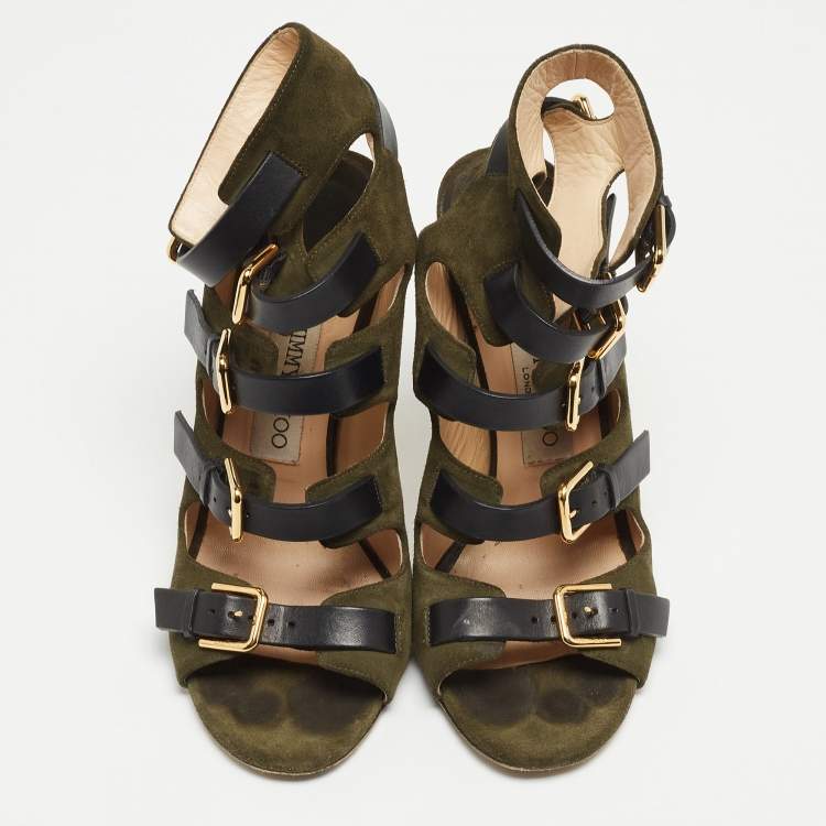 Pre Owned Jimmy Choo Green/Black Suede and Leather Buckle Strappy  Sandals Size 38 