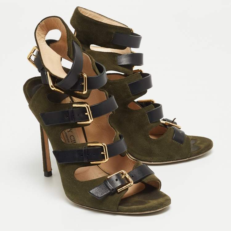 Pre Owned Jimmy Choo Green/Black Suede and Leather Buckle Strappy  Sandals Size 38 
