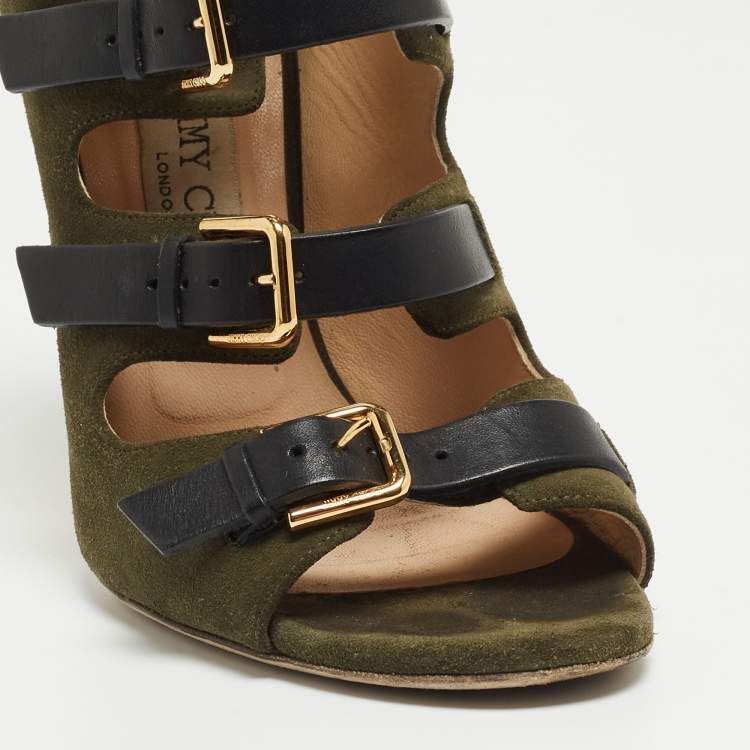 Pre Owned Jimmy Choo Green/Black Suede and Leather Buckle Strappy  Sandals Size 38 