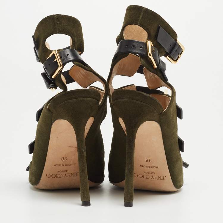 Pre Owned Jimmy Choo Green/Black Suede and Leather Buckle Strappy  Sandals Size 38 