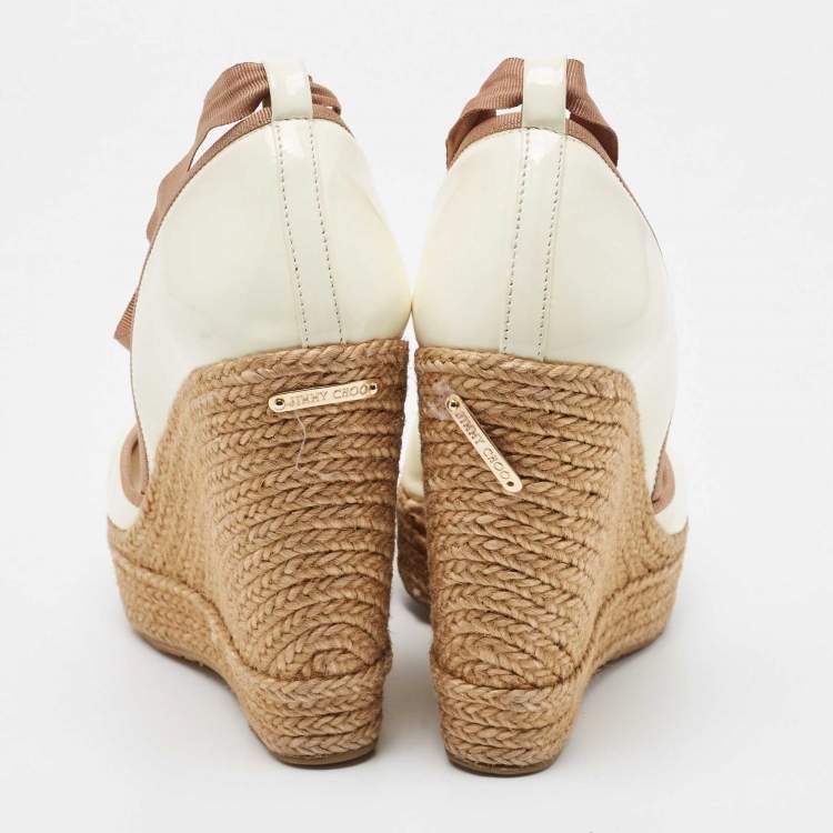 مملوكة مسبقًا Jimmy Choo Off White/Brown Patent Leather and Fabric Open Toe Ankle Tie Espadrille Pumps Size 37