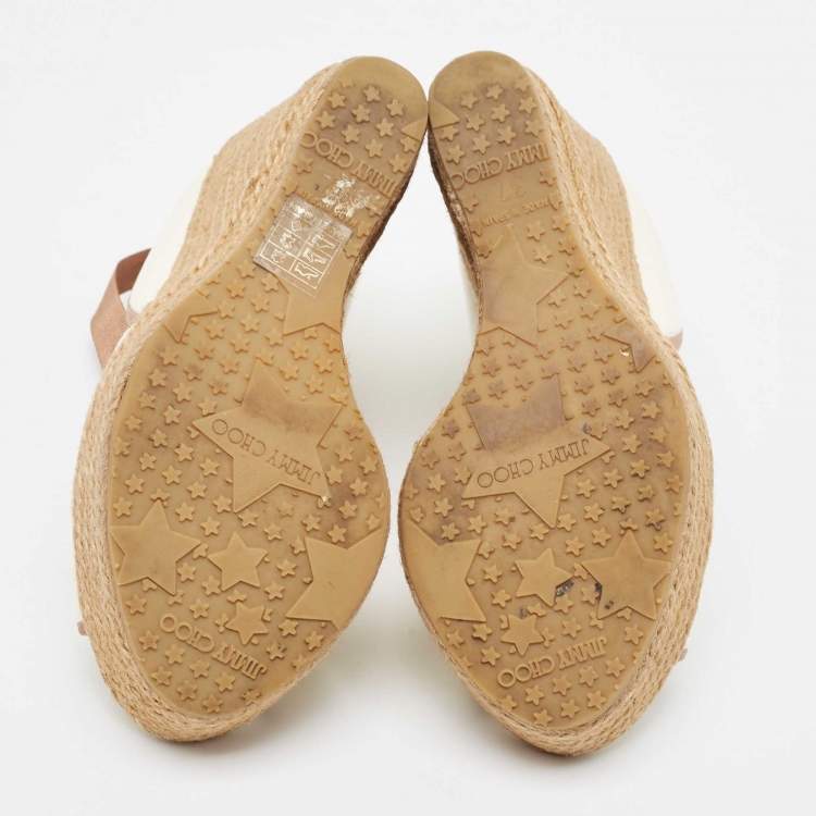 مملوكة مسبقًا Jimmy Choo Off White/Brown Patent Leather and Fabric Open Toe Ankle Tie Espadrille Pumps Size 37