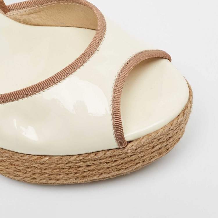 مملوكة مسبقًا Jimmy Choo Off White/Brown Patent Leather and Fabric Open Toe Ankle Tie Espadrille Pumps Size 37