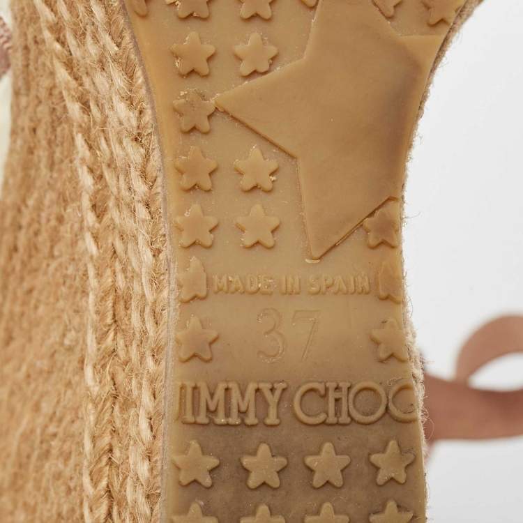 مملوكة مسبقًا Jimmy Choo Off White/Brown Patent Leather and Fabric Open Toe Ankle Tie Espadrille Pumps Size 37