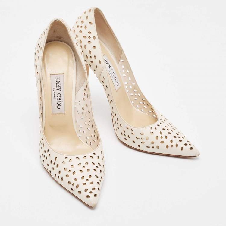 Pre Owned Jimmy Choo Cream Laser Cut Leather Romy Pumps Size 39.5